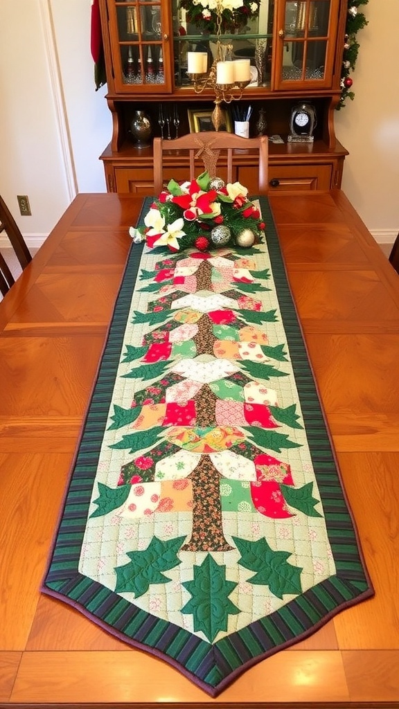A Christmas tree quilted table runner on a dining table, decorated with festive ornaments and candles.